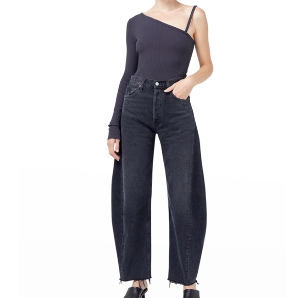 NWT $118 AGOLDE Mika One-Sleeve Asymmetric Bodysuit in Fossil - size Large! - Picture 2 of 3